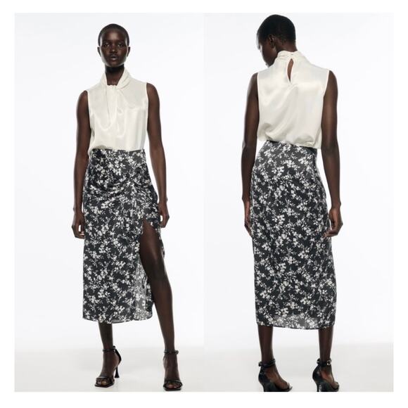 Zara Dresses & Skirts - Zara Black Floral Satin Midi Skirt Size Large Side Knot Lightweight 2492/063
